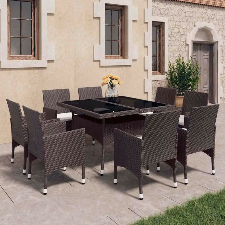 Set da pranzo da giardino vidaXL in 9 pezzi in polyrattan e vetro marrone e beige