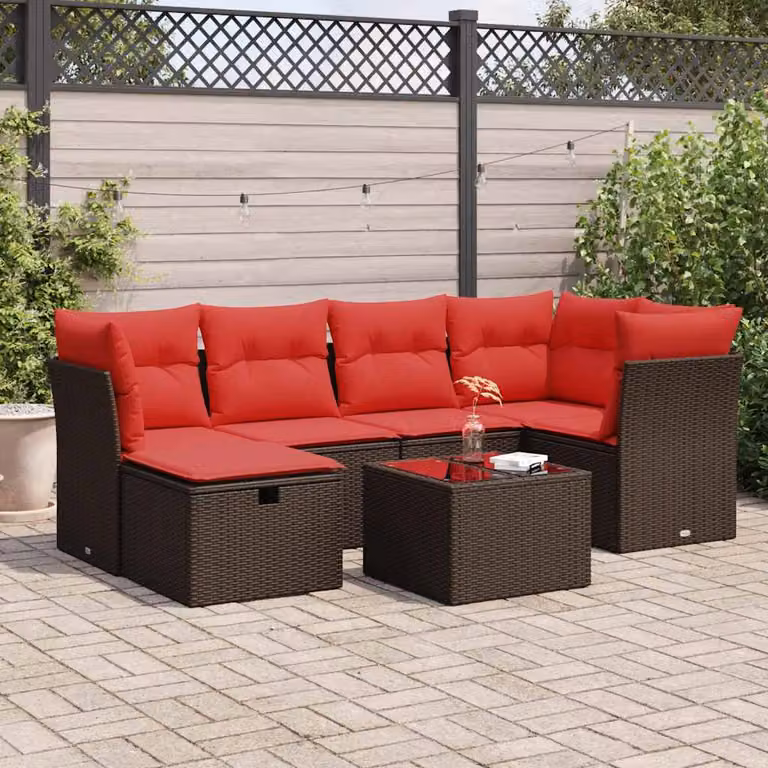 Set Divani da Giardino vidaXL 7 posti in Polyrattan Marrone con Cuscini e Tavolino da Esterno