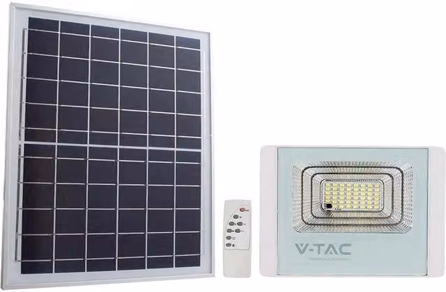 Faro LED solare V-TAC 35W 6400K bianco con telecomando, sensore crepuscolare e timer IP65 – 1