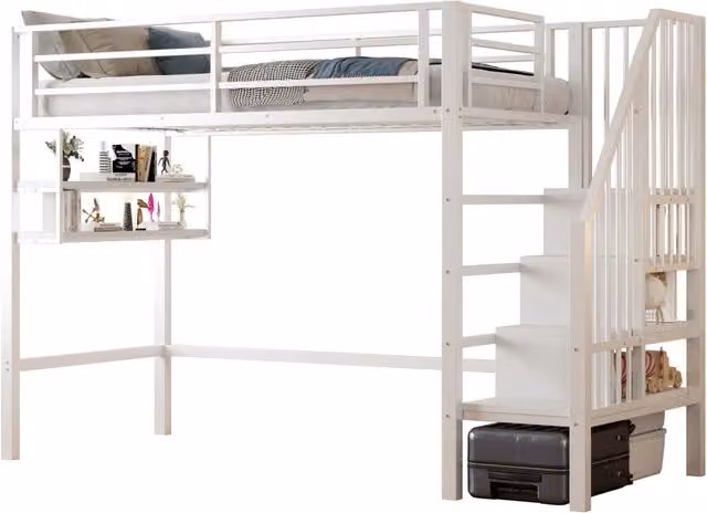 Letto a castello REDOM per bambini con scala contenitore e ripiani laterali, bianco, 90x200 cm