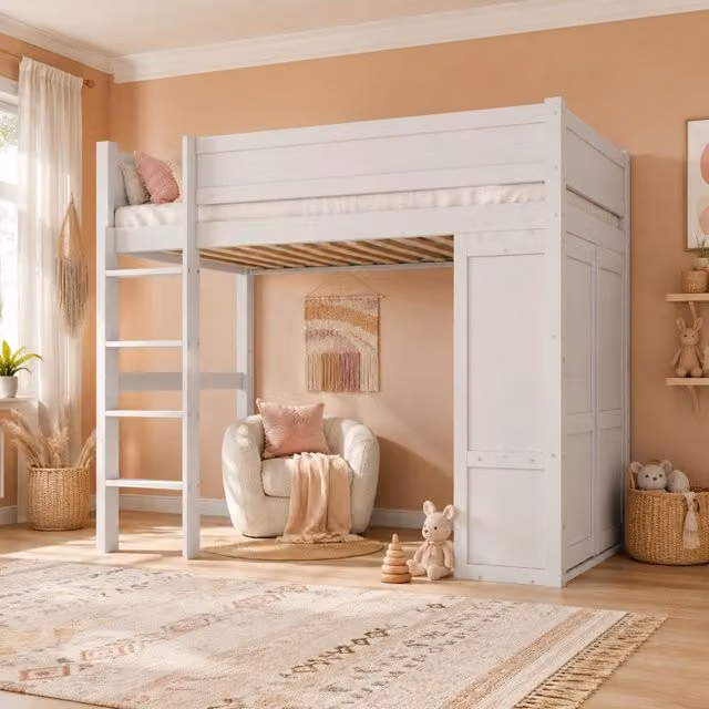 Letto a soppalco 90x200 cm con armadio e vano portaoggetti; pino e MDF; bianco