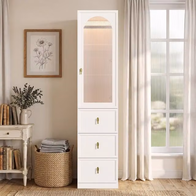 Armadio stretto 45 x 48 x 200 cm; 1 anta a battente; illuminazione LED; 1 asta appendiabiti; 3 cassetti; design moderno; bianco