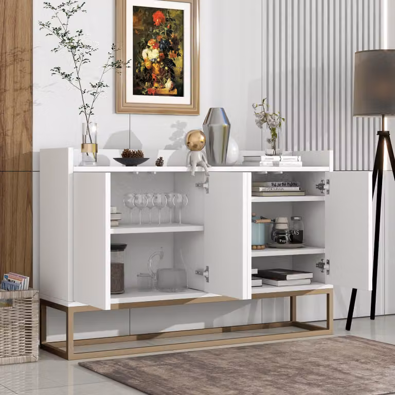 Credenza STILVORA in stile minimalista Credenza senza maniglie a 4 ante per sala da pranzo, soggiorno, cucina, con due ripiani regolabili, colore bianco