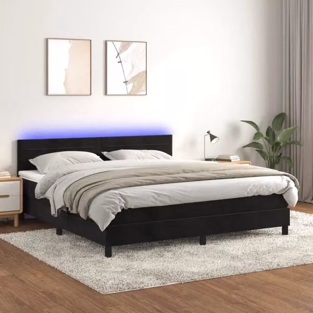Letto Ibrido vidaXL in Velluto Nero con Materasso, Illuminazione LED Sotto il Letto e Porte USB, L/P: 180 x 200 cm – 1
