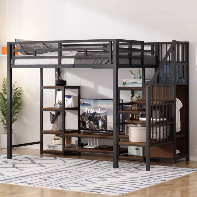 Letto a soppalco 90x200 cm con supporto TV e presa; nero