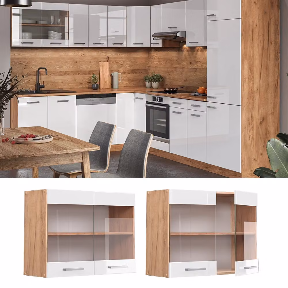 Pensile da cucina moderno Vicco R-Line con ante in vetro, Bianco lucido e Rovere, L: 80 cm, H: 60 cm, P: 31 cm – 2