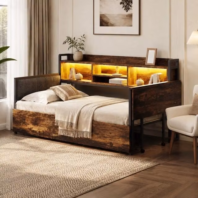 Letto multifunzione singolo 90x200 cm in metallo con scrivania; LED e cassetti; legno naturale