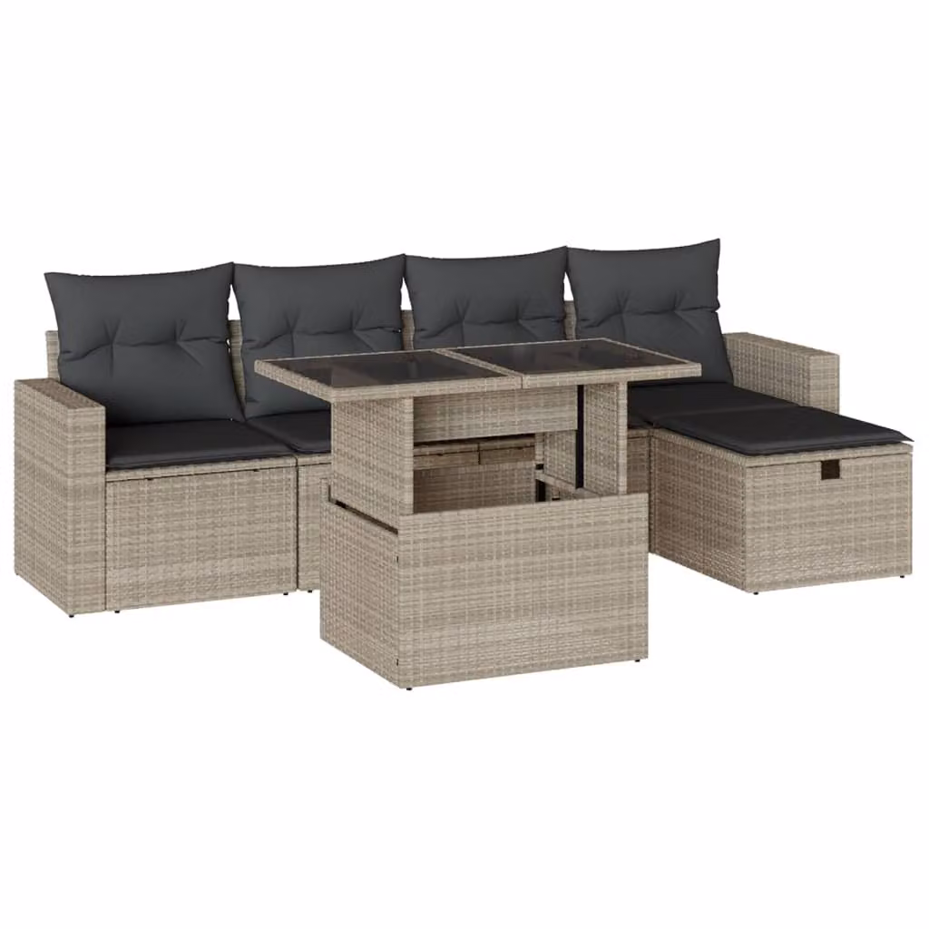 Set Divano da Giardino 6pz con Cuscini Grigio Chiaro Polyrattan