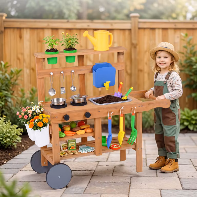 Cucina da gioco per bambini Costway in legno marrone con accessori per cucina all'aperto per età superiore a 3 anni