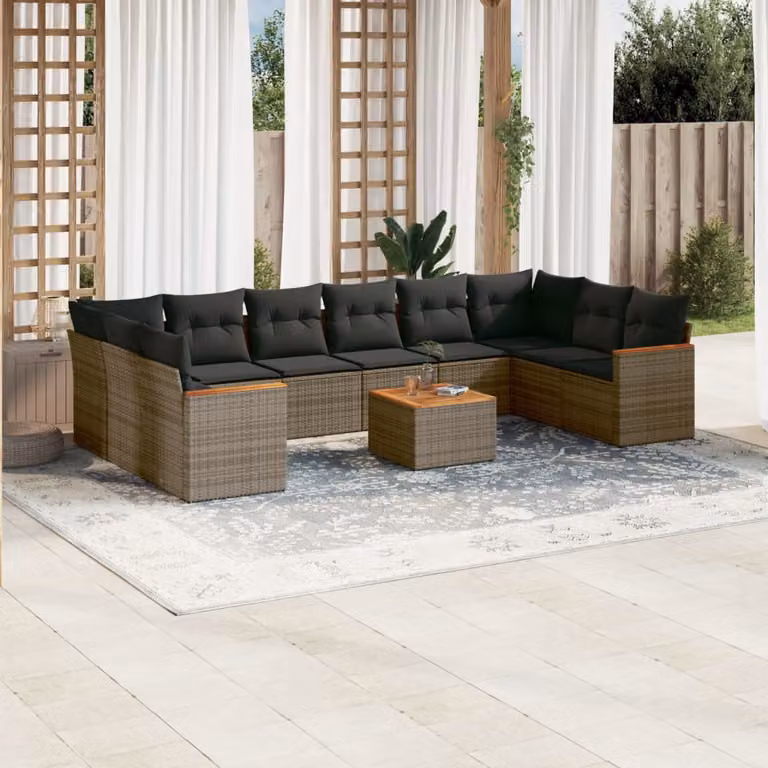 vidaXL Set Divani da Giardino 11 pz in Polyrattan Grigio con Cuscini e Tavolino da Esterno