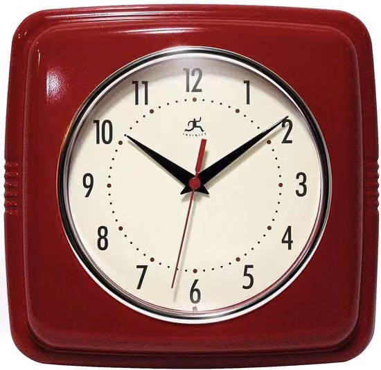 Orologio da parete quadrato Infinity Instruments in stile Mid Century, movimento analogico al quarzo silenzioso con vetro, Rosso, L/P/H: 22,86 x 22,86 x 1 cm