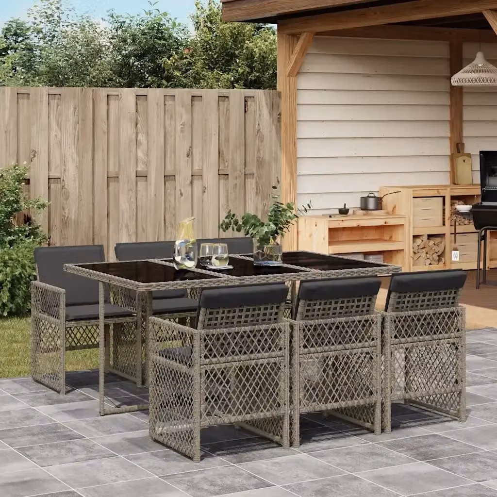 Set da Pranzo da Giardino 7 pz in Polyrattan Grigio con Tavolo in Vetro e Cuscini – 2