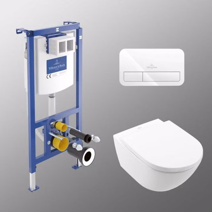Set completo per WC Villeroy & Boch Subway 3.0, comprensivo di struttura a parete e pulsante di scarico