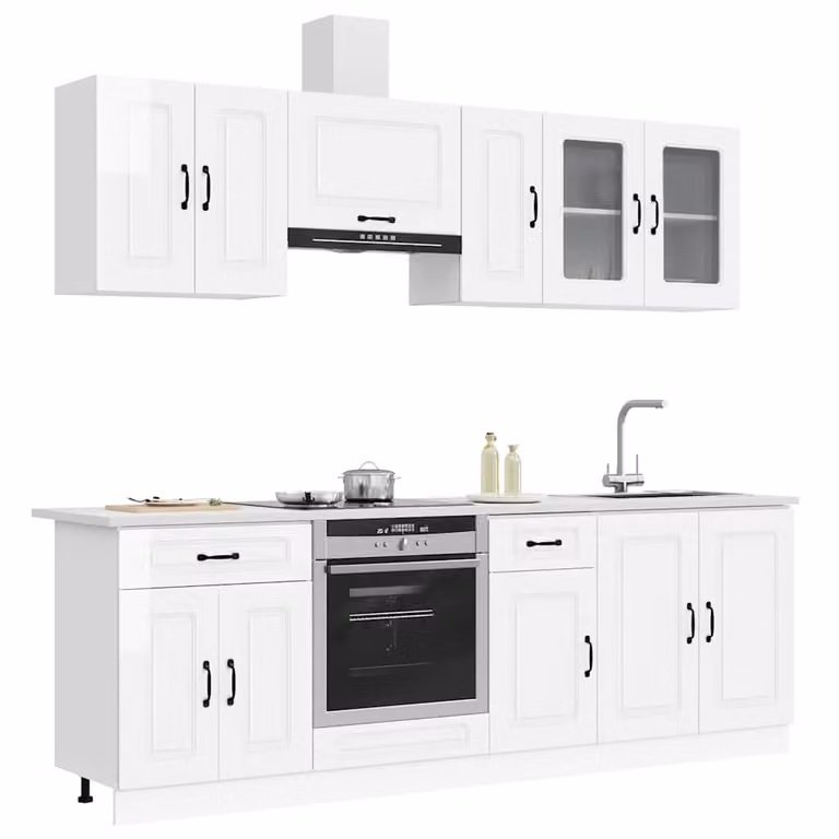 Set di mobili da cucina moderno vidaXL Kalmar composto da 8 pezzi in bianco lucido con ante in vetro e ripiani interni