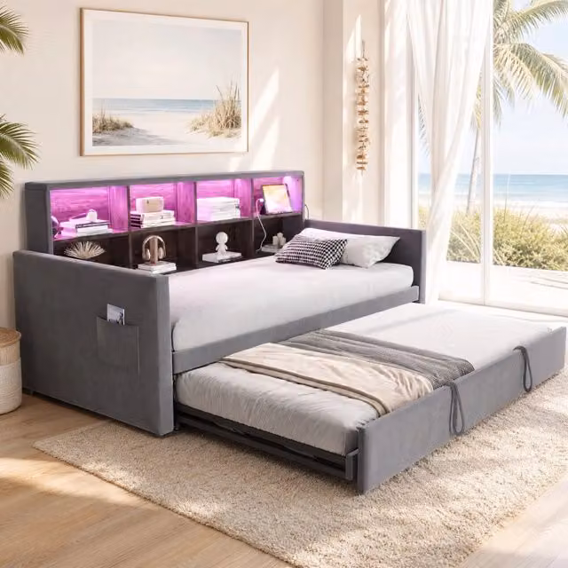 Divano letto imbottito 90x190 cm con letto estraibile; LED; prese USB/Type-C; velluto grigio