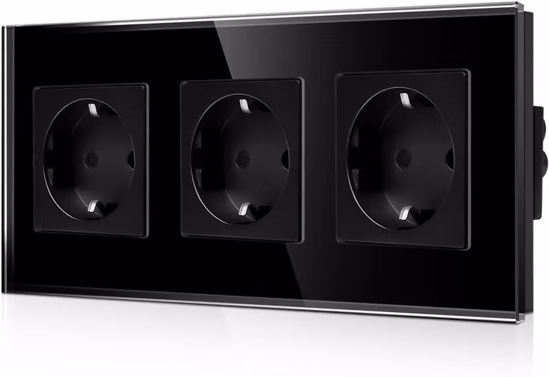 Prese multiple da parete, dimensioni 228x86x30 mm, con 3 prese Schuko, 16 A, 250 V, colore nero, per uso domestico