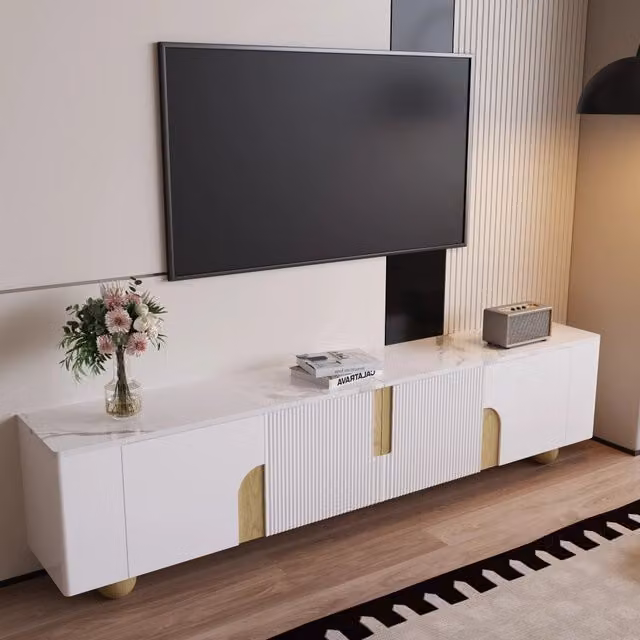 Mobile TV a 4 ante con superficie effetto marmo e piedi sferici in legno bianco e legno 180 × 40 × 44 cm