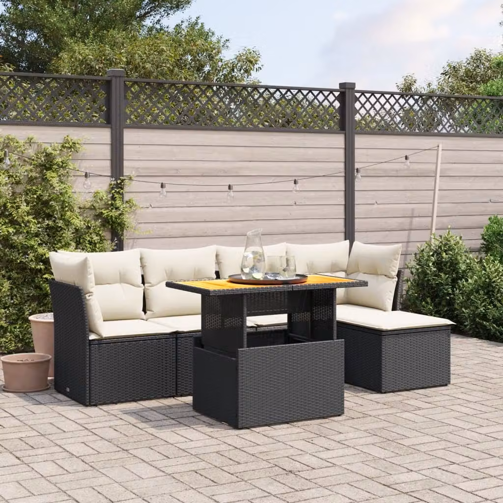 Set Divano da Giardino vidaXL 6 pz in Polyrattan Nero con Cuscini e Tavolino – 1