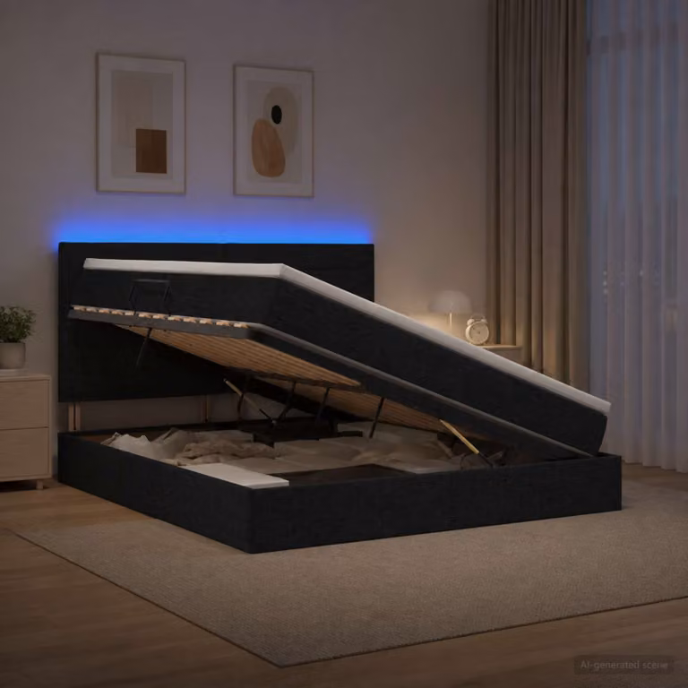 Letto con contenitore vidaXL in tessuto nero con illuminazione LED e porta USB, L/P/H: 140 x 200 x 128 cm