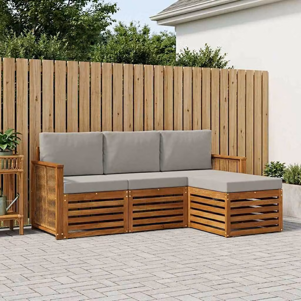 Set di divani da esterno vidaXL a forma di L in legno di acacia con pouf e cuscini, Beige e Grigio