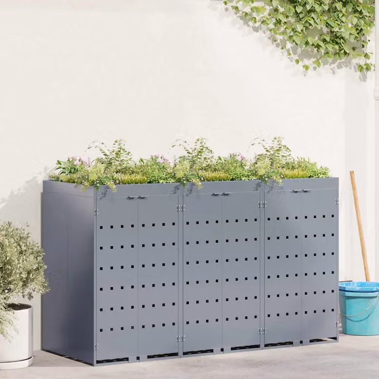 Contenitore per 3 bidoni vidaXL in acciaio, Grigio chiaro, H: 204,0 cm, L: 121,5 cm, P: 77,5 cm