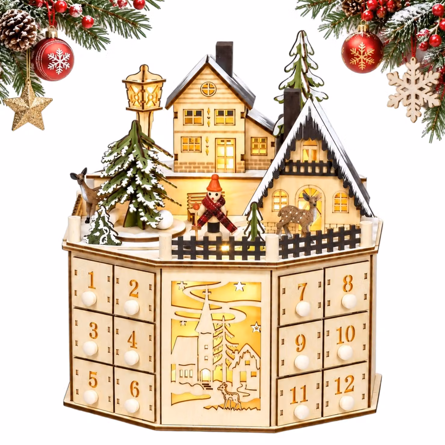 Calendario dell'Avvento in legno, con 24 cassetti, luci LED e musica, colore giallo