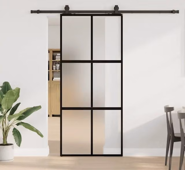 Porta Scorrevole Moderna VIDAXL in Vetro Temperato e Alluminio, Colore Nero, L: 90 cm, H: 205 cm