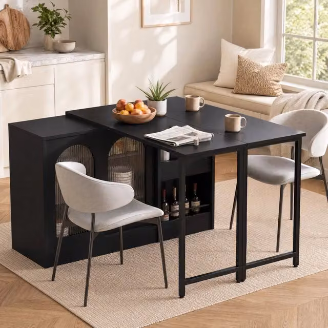Tavolo Bar Moderno Allungabile con Piano Girevole 360° e Spazio di Conservazione, Nero, 121.5×40×76.7 cm