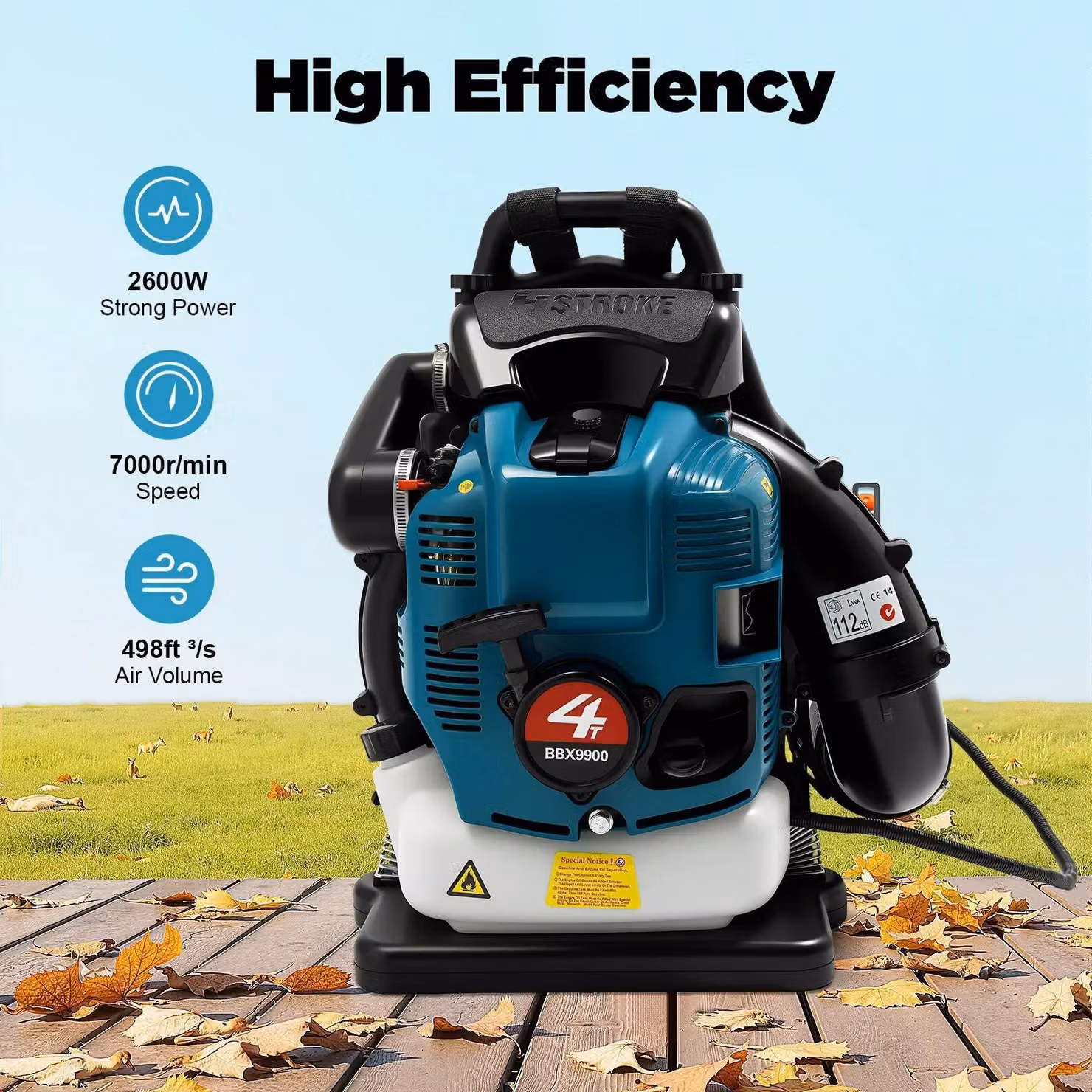 Soffiatore a zaino - Benzina 4 tempi - 75,6 cm³, 2,6 kW, 7000 giri/min - Serbatoio 1,9 l - Lunghezza del tubo 168 cm - Blu
