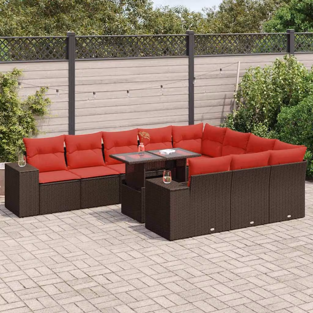 Set di divani da giardino vidaXL composto da 11 pezzi con cuscini in polyrattan colore marrone acacia