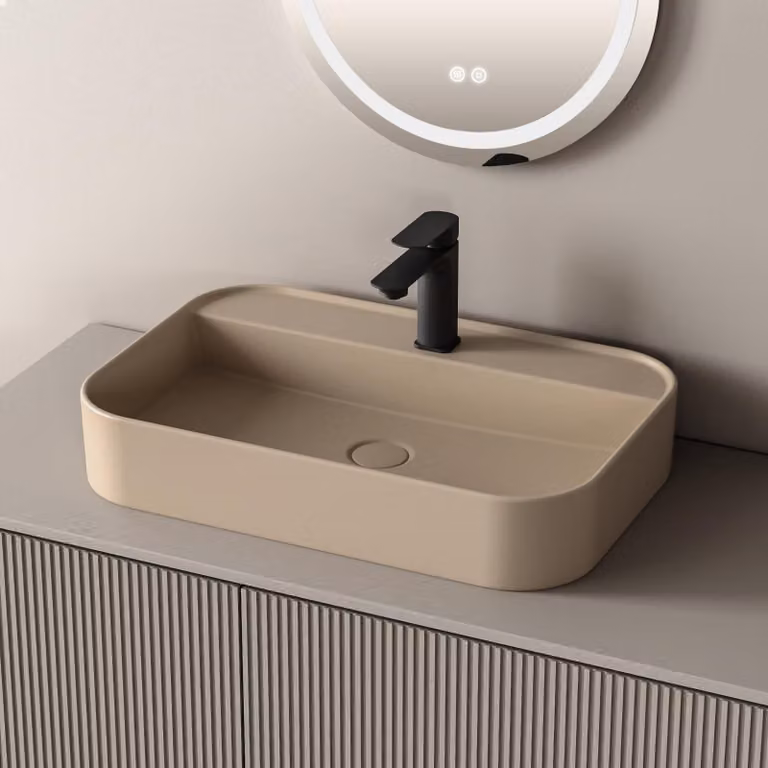 EMKE, lavabo da bagno, forma quadrata, 60,3 x 40,1 x 11 cm, beige chiaro opaco