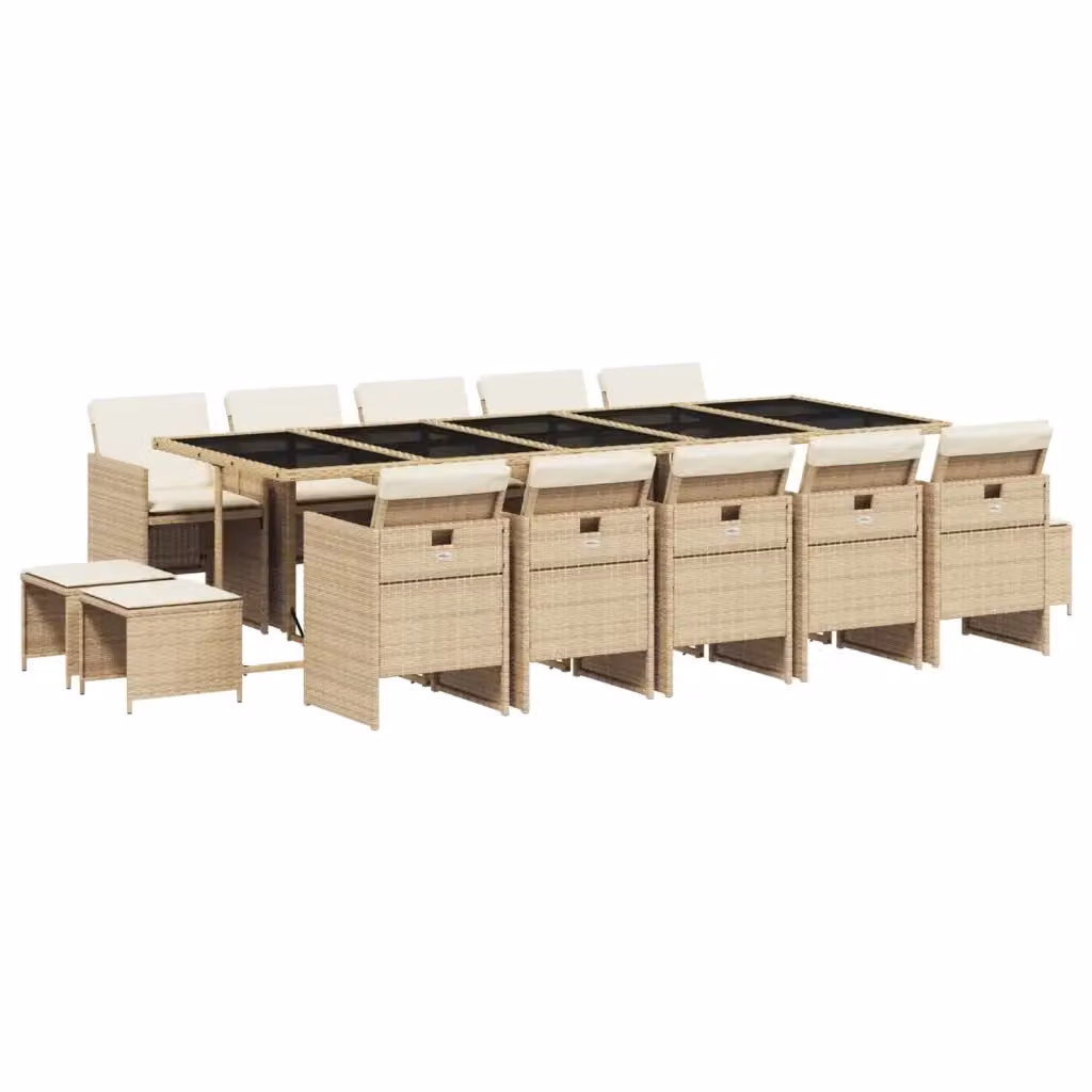 vidaXL Set da Pranzo da Giardino 15 pz in Polyrattan con Cuscini Beige e Piano in Vetro – 2