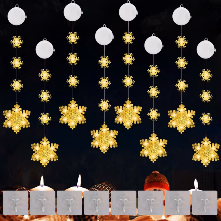 8 luci a forma di fiocchi di neve a LED con timer, luce bianco caldo, dotate di ventose, ideali per la decorazione natalizia