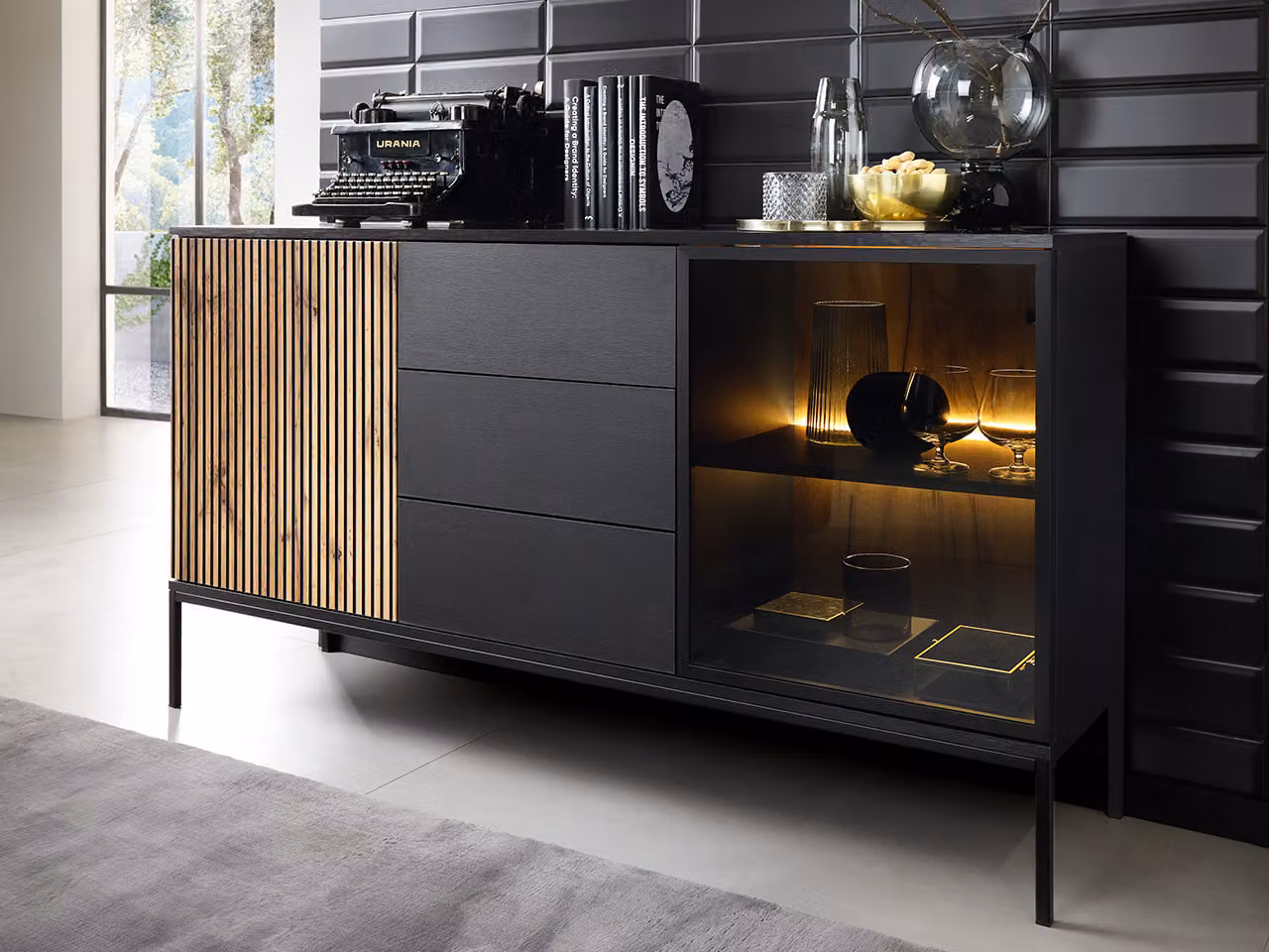 Cassettiera ampia in vetro per il soggiorno RHOME - wotan / nero grafite + illuminazione LED GRATIS