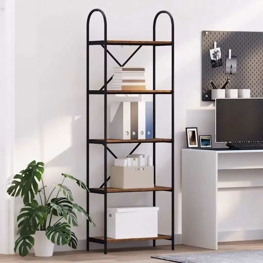 Libreria moderna vidaXL a 5 livelli in legno e metallo, L: 60 cm, P: 30 cm, H: 183 cm, disponibile in nero e marrone
