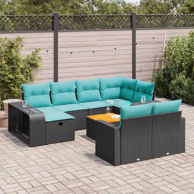 vidaXL Set Divani da Giardino 11 pz a forma di U con Cuscini, Tavolino e Ottoman, Colore Nero e Blu Turchese