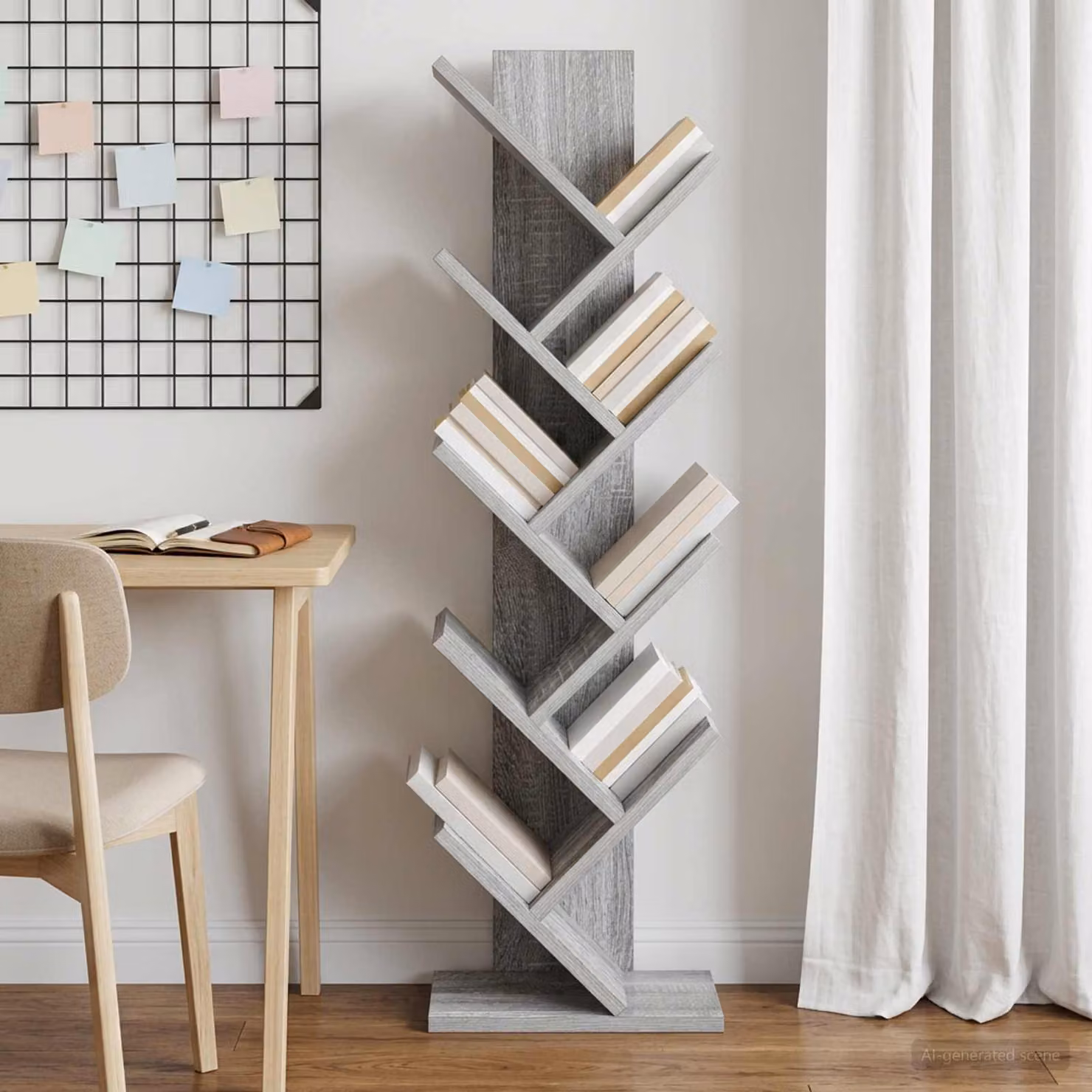 Scaffale da libro ad albero vidaXL con 6 livelli, design moderno in legno e MDF, colore grigio, L/P/H: 30 x 18 x 100 cm