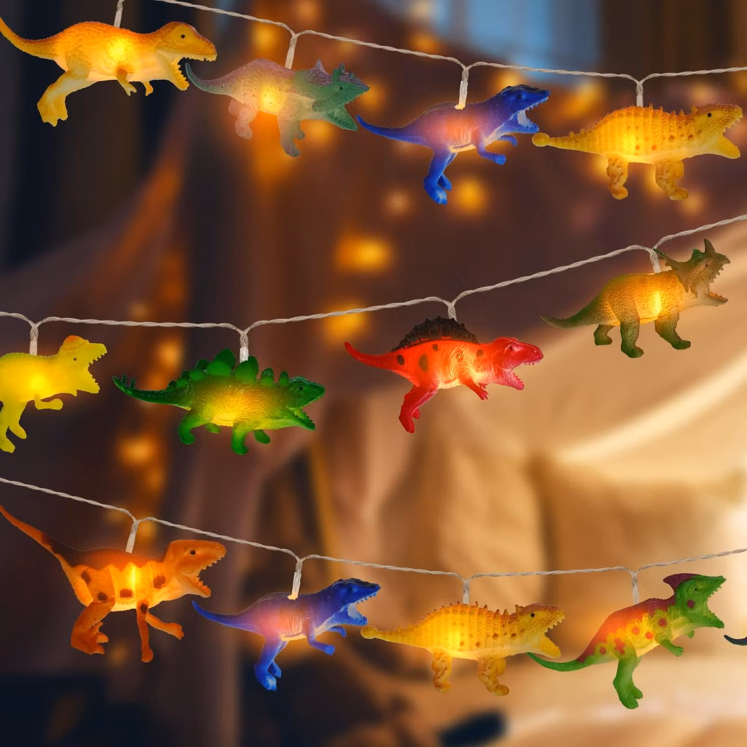 Catena luminosa a forma di dinosauro, con 10 LED, lunghezza 1,5 metri, luce bianco caldo, alimentata a batteria