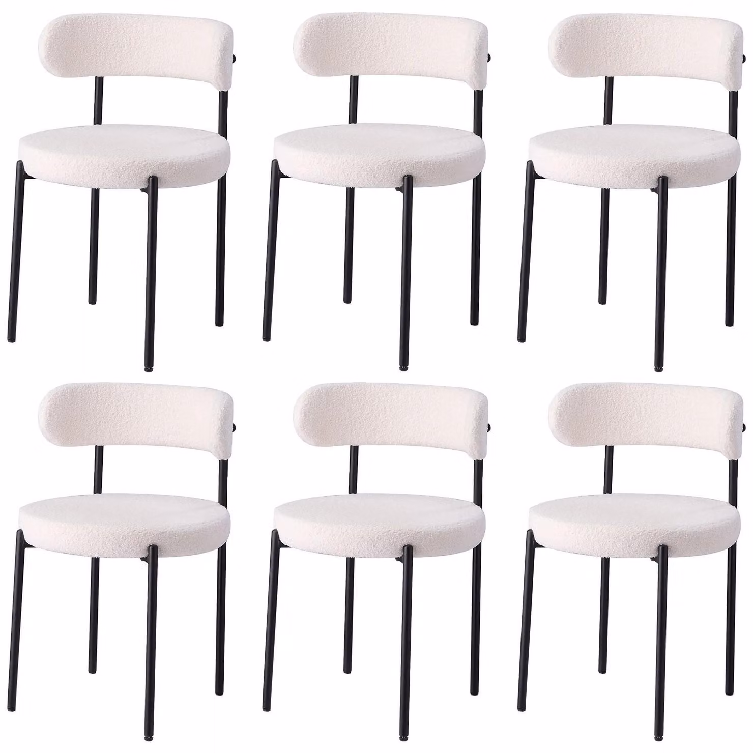 Design nordico - Set da 6 sedie da sala da pranzo/da cucina - Imbottite in velluto Teddy - Senza braccioli - Gambe in metallo - Bianco