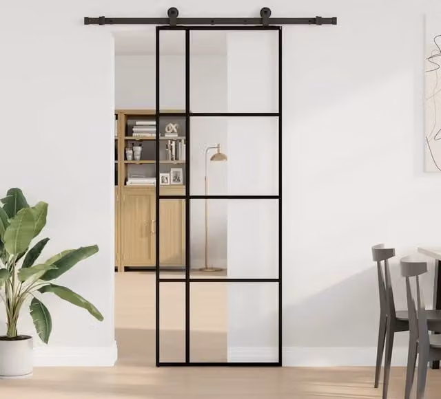Porta Scorrevole Moderna vidaXL in Vetro Trasparente e Alluminio Nero L: 76 cm, H: 205 cm – 1