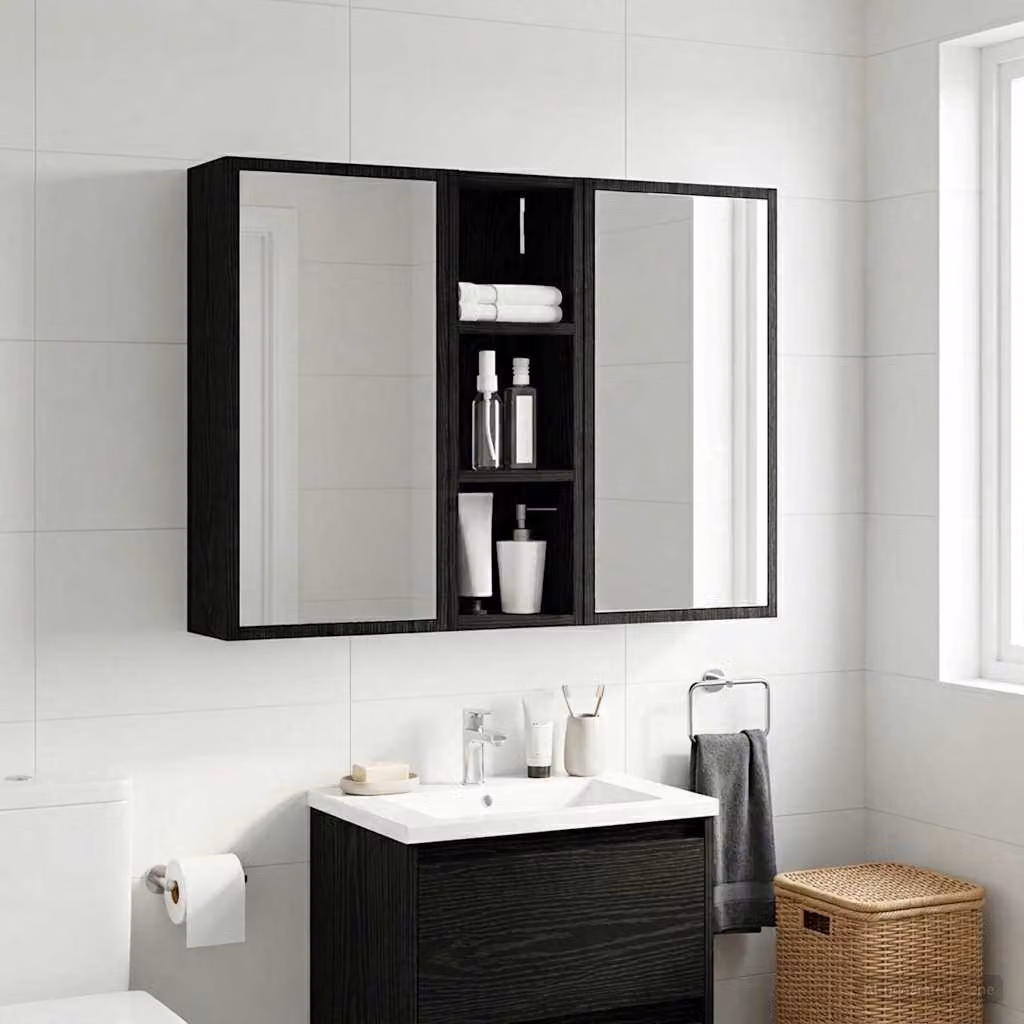 Armadio da bagno a muro moderno vidaXL in rovere e nero con ante in vetro e ripiani interni L/P/H: 16 x 20 x 62,5 cm