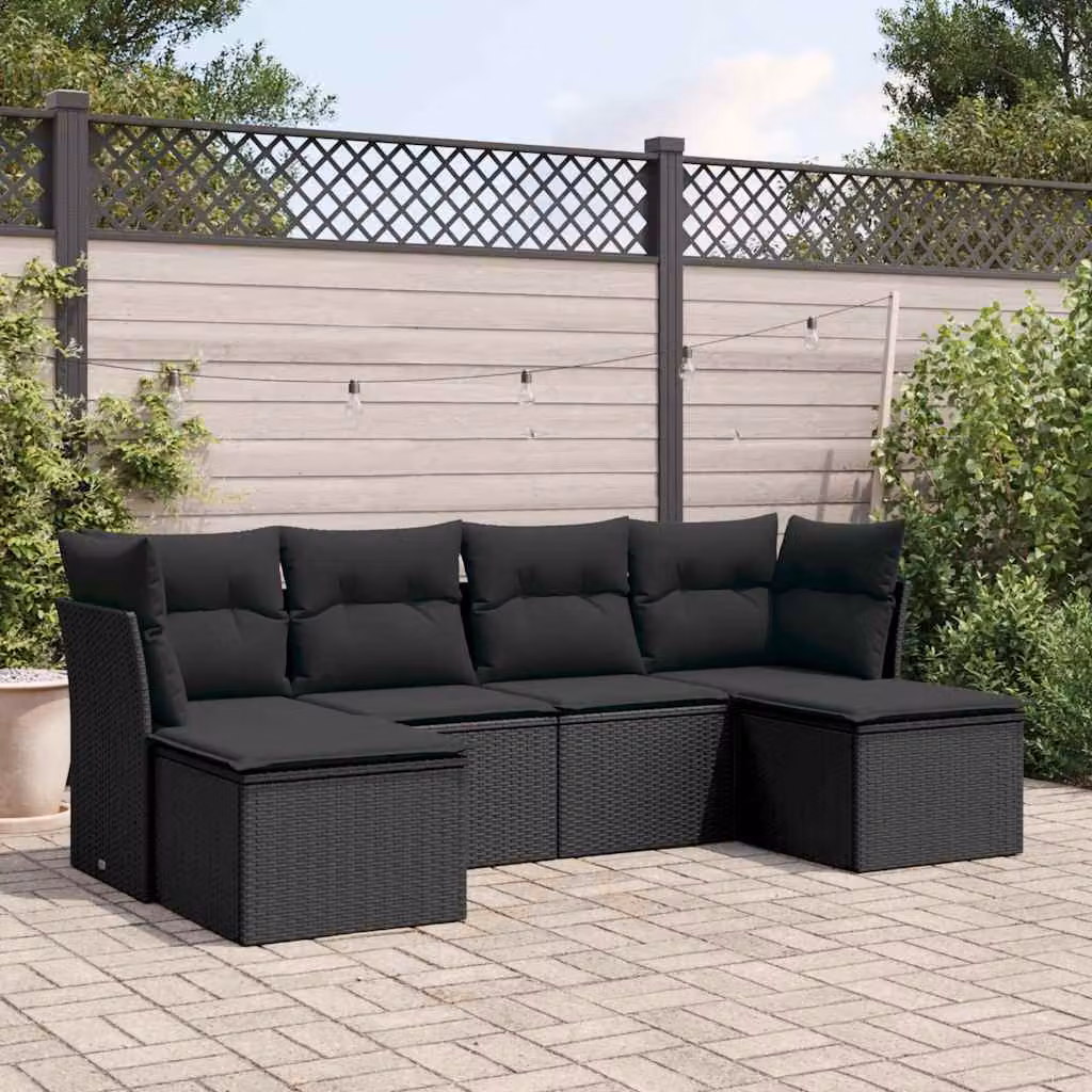 vidaXL Set Divano da Giardino a L 6 pz con Cuscini Nero in Polyrattan e Acciaio – 1