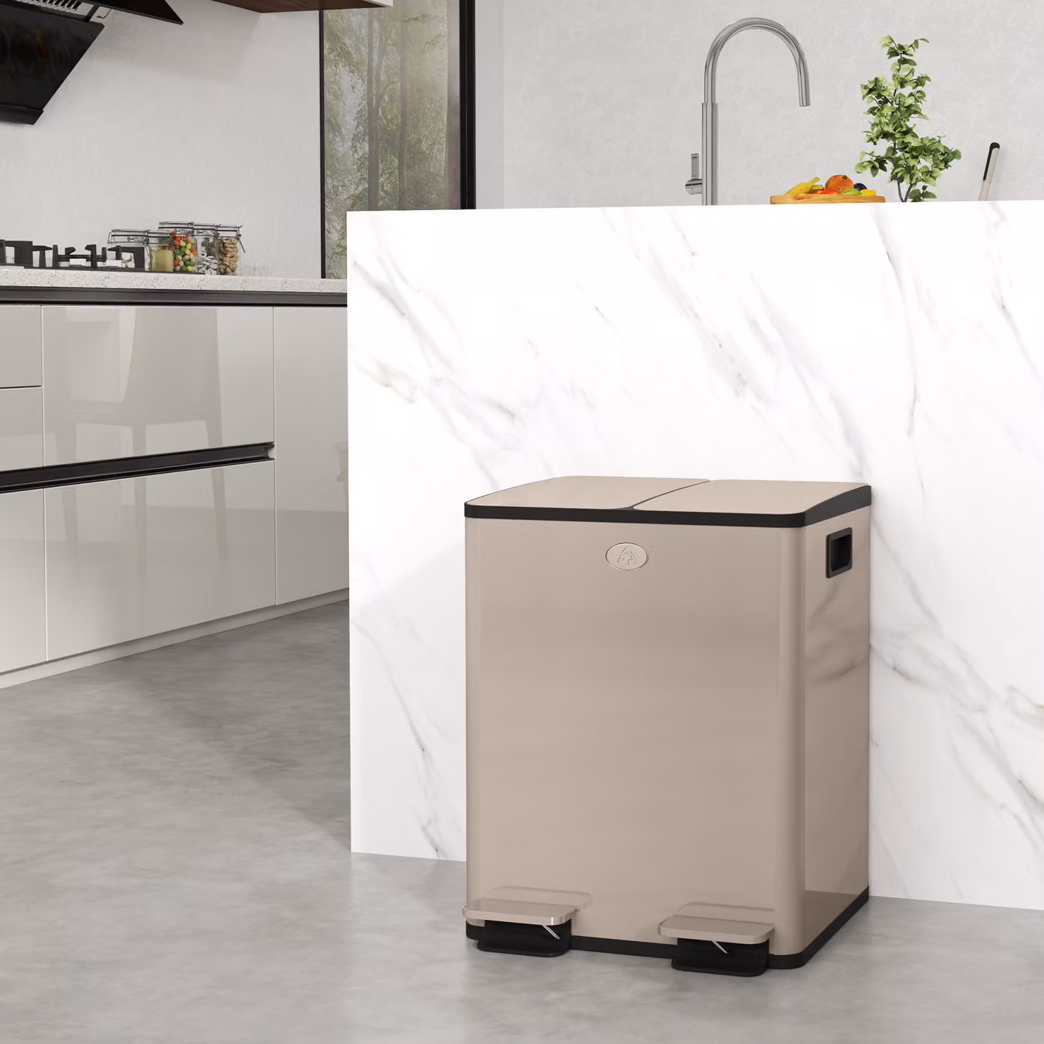 Pattumiera da cucina HOMCOM con 2 scomparti da 20 L in acciaio inossidabile con chiusura ammortizzata e colore oro, L: 45.8 cm, P: 36 cm, H: 51.6 cm – 2