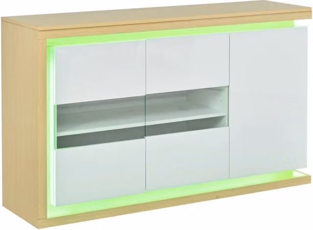 Mobile soggiorno bianco lucido con 3 ante in vetro temperato, 140x40x84 cm, con mensole regolabili e striscia LED telecomandata