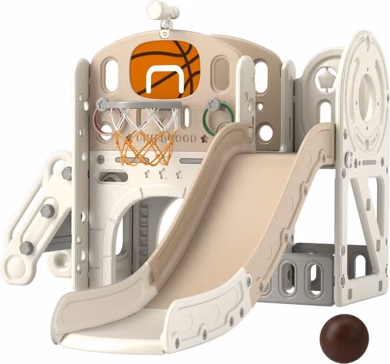 Struttura gioco indoor Moonbite 7-in-1 con scivolo, canestro da basket, gioco del lancio degli anelli e tunnel per gattonare, bordi arrotondati, portata massima 30 kg, realizzata in HDPE, colore crema