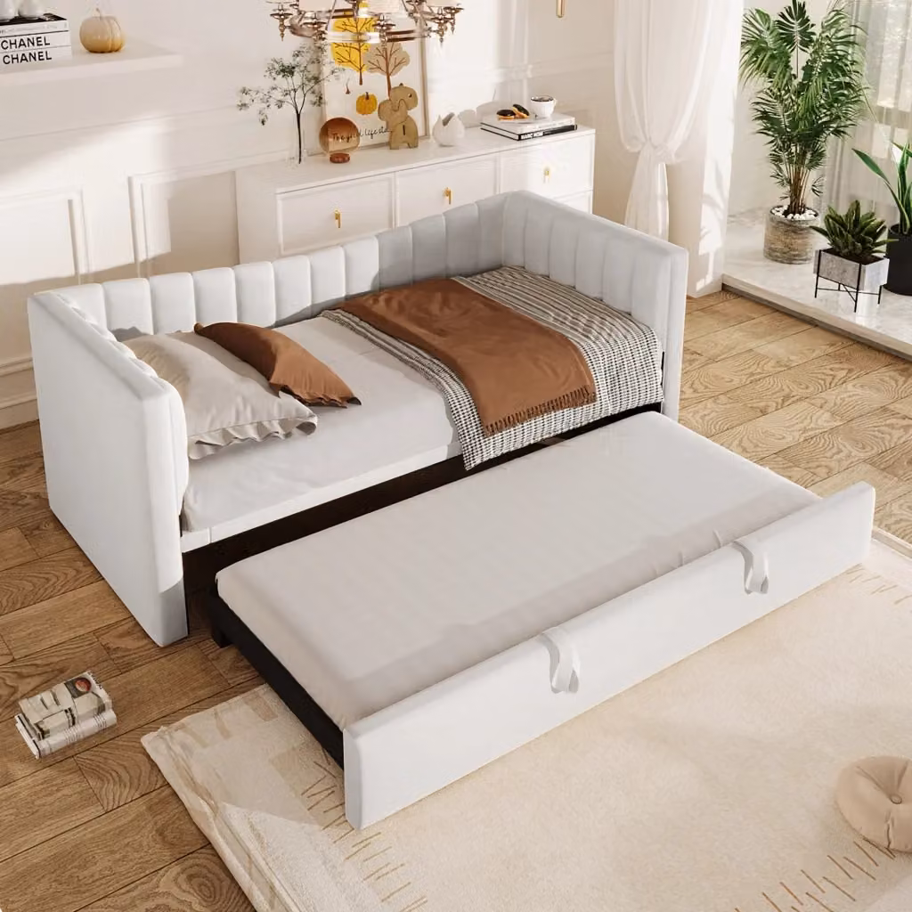 Letto REDOM con letto estraibile e cassetti in velluto bianco, L/P/H: 215 x 90 x 75 cm – 2