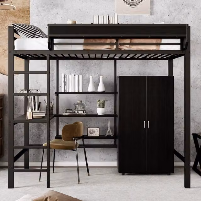 Letto a Castello con Scrivania e Armadio ¨C MINIMAL ¨C Metallo e Truciolato, Nero, 90x200