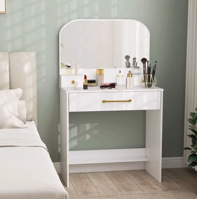 Tavolo da trucco MODFU bianco con specchio curvo e 3 cassetti L: 80 cm, P: 40 cm, H: 135 cm