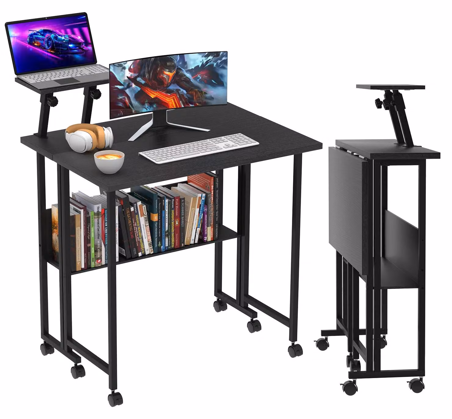Scrivania pieghevole – Tavolo per laptop con supporto per monitor – Ideale per piccoli spazi – Rettangolare – Pieghevole – Con rotelle – Struttura in metallo – Colore nero