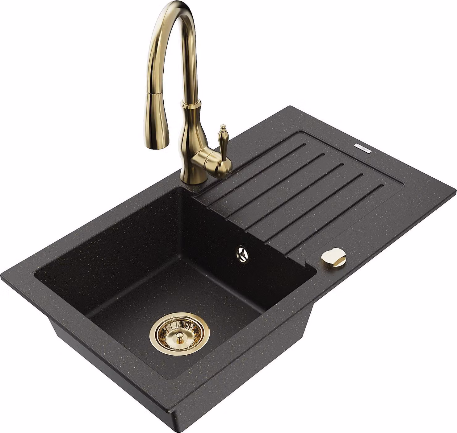 Mexen Pablo lavello in granito 1-vasca con scolapiatti e miscelatore cucina Savita, nero/oro metallizzato - 6510-75-672601-50